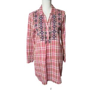 Skies are Blue Embroidered Flannel Shirt Dress Pink Pockets Roll Tab Sleeves S